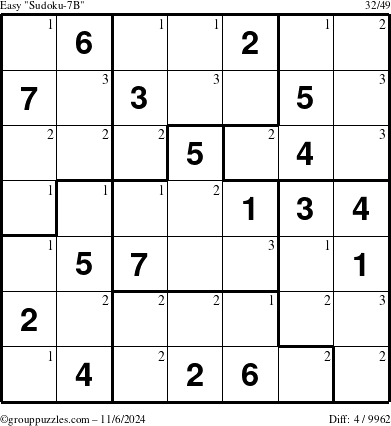 The grouppuzzles.com Easy Sudoku-7B puzzle for Wednesday November 6, 2024 with the first 3 steps marked