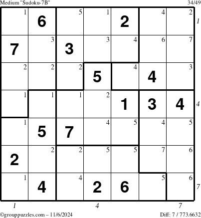 The grouppuzzles.com Medium Sudoku-7B puzzle for Wednesday November 6, 2024, suitable for printing, with all 7 steps marked