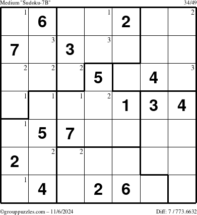 The grouppuzzles.com Medium Sudoku-7B puzzle for Wednesday November 6, 2024 with the first 3 steps marked