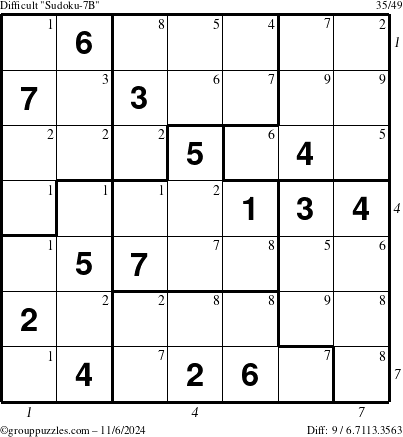 The grouppuzzles.com Difficult Sudoku-7B puzzle for Wednesday November 6, 2024 with all 9 steps marked