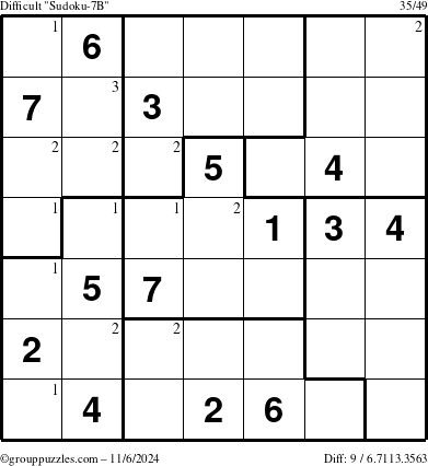 The grouppuzzles.com Difficult Sudoku-7B puzzle for Wednesday November 6, 2024 with the first 3 steps marked