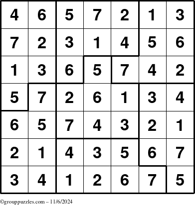 The grouppuzzles.com Answer grid for the Sudoku-7B puzzle for Wednesday November 6, 2024