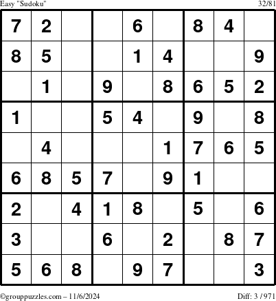 The grouppuzzles.com Easy Sudoku puzzle for Wednesday November 6, 2024