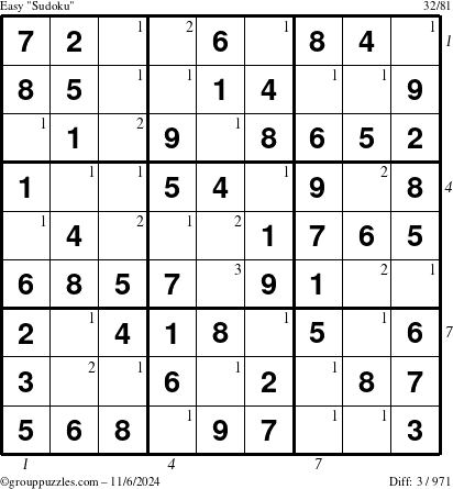 The grouppuzzles.com Easy Sudoku puzzle for Wednesday November 6, 2024 with all 3 steps marked