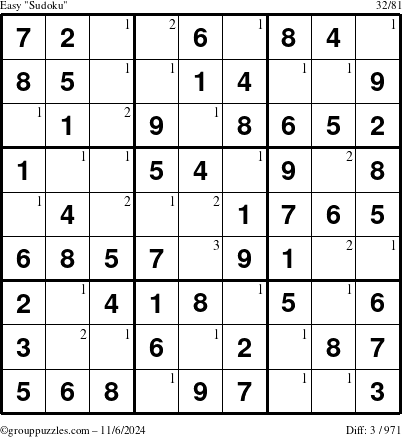 The grouppuzzles.com Easy Sudoku puzzle for Wednesday November 6, 2024 with the first 3 steps marked