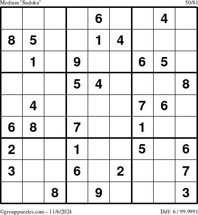 The grouppuzzles.com Medium Sudoku puzzle for Wednesday November 6, 2024