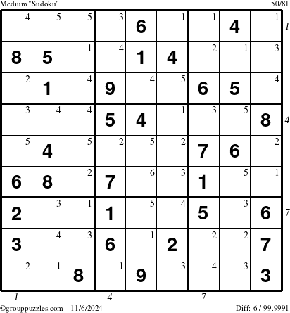 The grouppuzzles.com Medium Sudoku puzzle for Wednesday November 6, 2024, suitable for printing, with all 6 steps marked