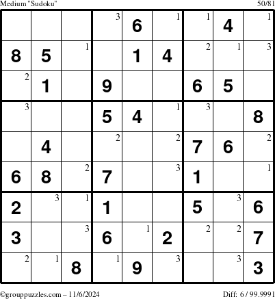 The grouppuzzles.com Medium Sudoku puzzle for Wednesday November 6, 2024 with the first 3 steps marked