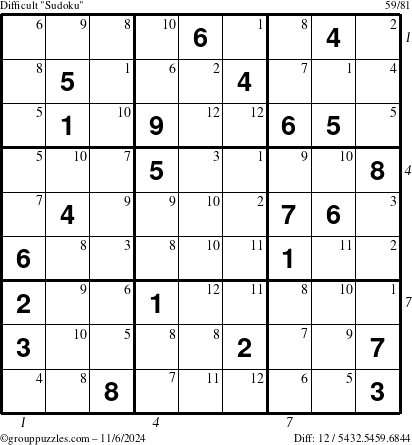 The grouppuzzles.com Difficult Sudoku puzzle for Wednesday November 6, 2024 with all 12 steps marked