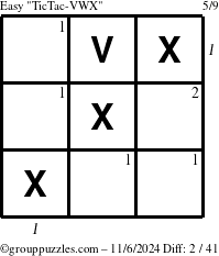 The grouppuzzles.com Easy TicTac-VWX puzzle for Wednesday November 6, 2024 with all 2 steps marked