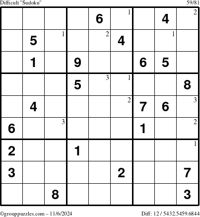 The grouppuzzles.com Difficult Sudoku puzzle for Wednesday November 6, 2024 with the first 3 steps marked