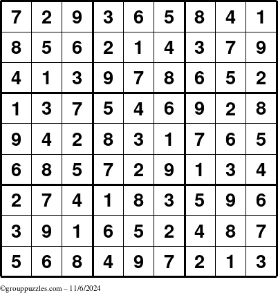 The grouppuzzles.com Answer grid for the Sudoku puzzle for Wednesday November 6, 2024