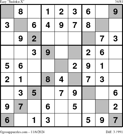 The grouppuzzles.com Easy Sudoku-X puzzle for Wednesday November 6, 2024