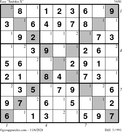 The grouppuzzles.com Easy Sudoku-X puzzle for Wednesday November 6, 2024 with all 3 steps marked