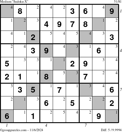 The grouppuzzles.com Medium Sudoku-X puzzle for Wednesday November 6, 2024, suitable for printing, with all 5 steps marked