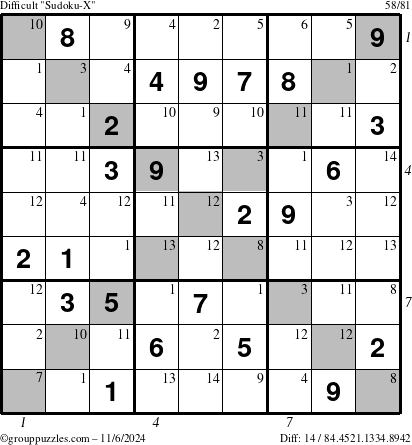 The grouppuzzles.com Difficult Sudoku-X puzzle for Wednesday November 6, 2024 with all 14 steps marked