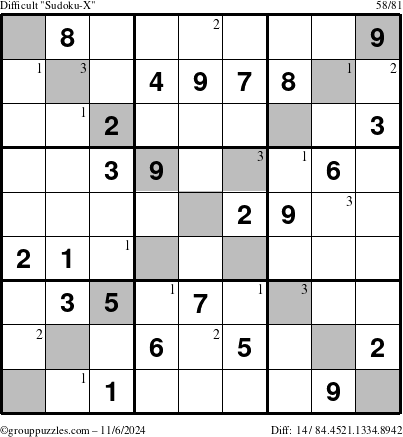 The grouppuzzles.com Difficult Sudoku-X puzzle for Wednesday November 6, 2024 with the first 3 steps marked