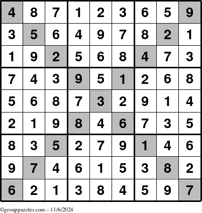 The grouppuzzles.com Answer grid for the Sudoku-X puzzle for Wednesday November 6, 2024