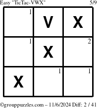 The grouppuzzles.com Easy TicTac-VWX puzzle for Wednesday November 6, 2024 with the first 2 steps marked