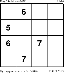 The grouppuzzles.com Easy Sudoku-4-5678 puzzle for Monday March 16, 2026