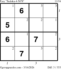 The grouppuzzles.com Easy Sudoku-4-5678 puzzle for Monday March 16, 2026 with all 3 steps marked