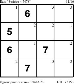 The grouppuzzles.com Easy Sudoku-4-5678 puzzle for Monday March 16, 2026 with the first 3 steps marked