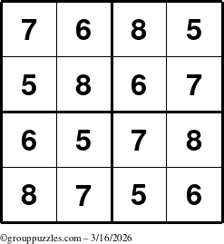 The grouppuzzles.com Answer grid for the Sudoku-4-5678 puzzle for Monday March 16, 2026