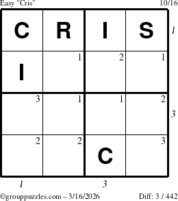 The grouppuzzles.com Easy Cris puzzle for Monday March 16, 2026 with all 3 steps marked