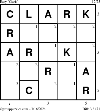 The grouppuzzles.com Easy Clark puzzle for Monday March 16, 2026 with all 3 steps marked