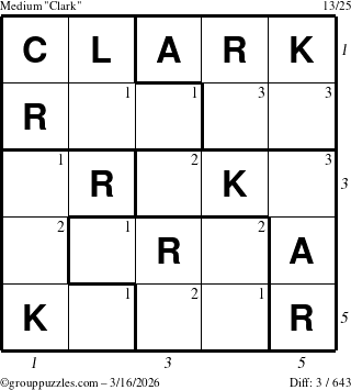The grouppuzzles.com Medium Clark puzzle for Monday March 16, 2026, suitable for printing, with all 3 steps marked