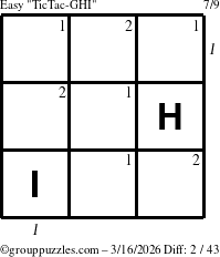 The grouppuzzles.com Easy TicTac-GHI puzzle for Monday March 16, 2026, suitable for printing, with all 2 steps marked