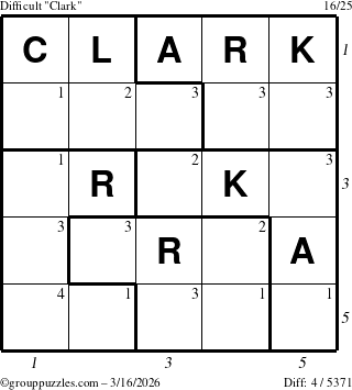 The grouppuzzles.com Difficult Clark puzzle for Monday March 16, 2026, suitable for printing, with all 4 steps marked