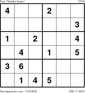 The grouppuzzles.com Easy Sudoku-Junior puzzle for Monday March 16, 2026