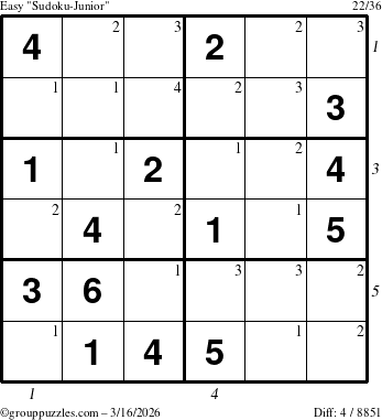 The grouppuzzles.com Easy Sudoku-Junior puzzle for Monday March 16, 2026 with all 4 steps marked