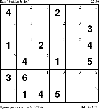 The grouppuzzles.com Easy Sudoku-Junior puzzle for Monday March 16, 2026 with the first 3 steps marked