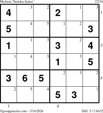 The grouppuzzles.com Medium Sudoku-Junior puzzle for Monday March 16, 2026 with all 5 steps marked