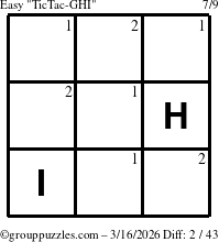 The grouppuzzles.com Easy TicTac-GHI puzzle for Monday March 16, 2026 with the first 2 steps marked