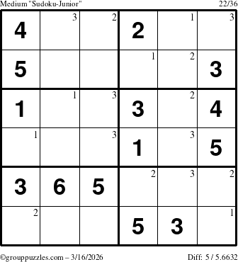 The grouppuzzles.com Medium Sudoku-Junior puzzle for Monday March 16, 2026 with the first 3 steps marked