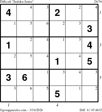 The grouppuzzles.com Difficult Sudoku-Junior puzzle for Monday March 16, 2026 with all 6 steps marked