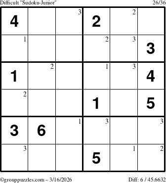 The grouppuzzles.com Difficult Sudoku-Junior puzzle for Monday March 16, 2026 with the first 3 steps marked