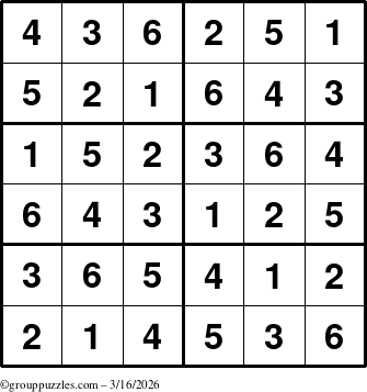 The grouppuzzles.com Answer grid for the Sudoku-Junior puzzle for Monday March 16, 2026