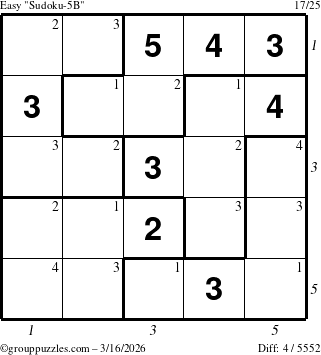 The grouppuzzles.com Easy Sudoku-5B puzzle for Monday March 16, 2026 with all 4 steps marked