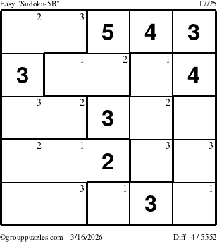 The grouppuzzles.com Easy Sudoku-5B puzzle for Monday March 16, 2026 with the first 3 steps marked