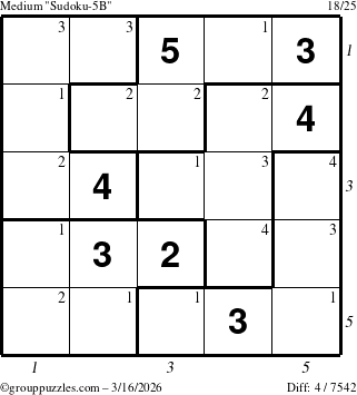 The grouppuzzles.com Medium Sudoku-5B puzzle for Monday March 16, 2026 with all 4 steps marked