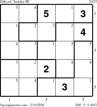 The grouppuzzles.com Difficult Sudoku-5B puzzle for Monday March 16, 2026 with all 5 steps marked