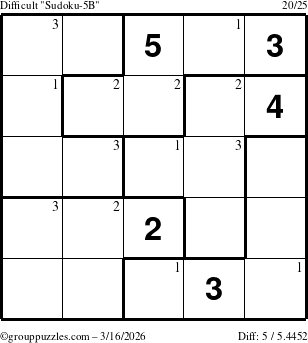 The grouppuzzles.com Difficult Sudoku-5B puzzle for Monday March 16, 2026 with the first 3 steps marked