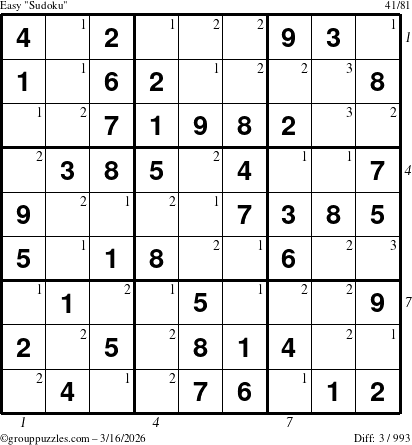 The grouppuzzles.com Easy Sudoku puzzle for Monday March 16, 2026 with all 3 steps marked