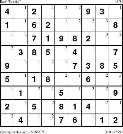 The grouppuzzles.com Easy Sudoku puzzle for Monday March 16, 2026 with the first 3 steps marked