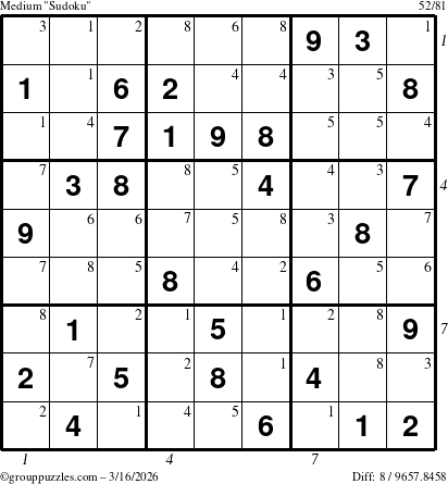The grouppuzzles.com Medium Sudoku puzzle for Monday March 16, 2026, suitable for printing, with all 8 steps marked
