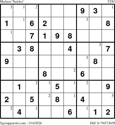 The grouppuzzles.com Medium Sudoku puzzle for Monday March 16, 2026 with the first 3 steps marked